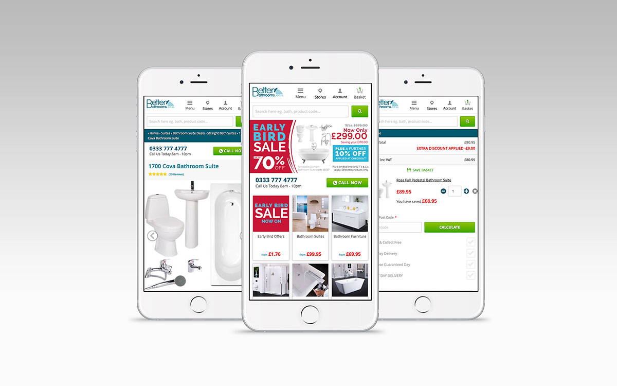 Better Bathrooms website on multiple mobile devices